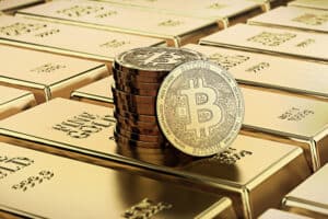 Bitcoin,Laying,On,Stacked,Gold,Bars,(gold,Ingots),Rendered,With