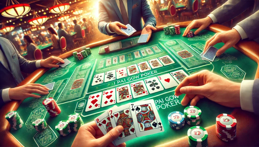 DALL·E 2024-07-05 06.06.49 - A detailed and vibrant image of a Pai Gow Poker game in progress. The scene includes a green casino table with players' hands showing seven cards each